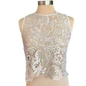 Sans Souci Beige Sheer Lace Sleeveless Cropped Top Sz SMALL Fairy Coquette Glam
